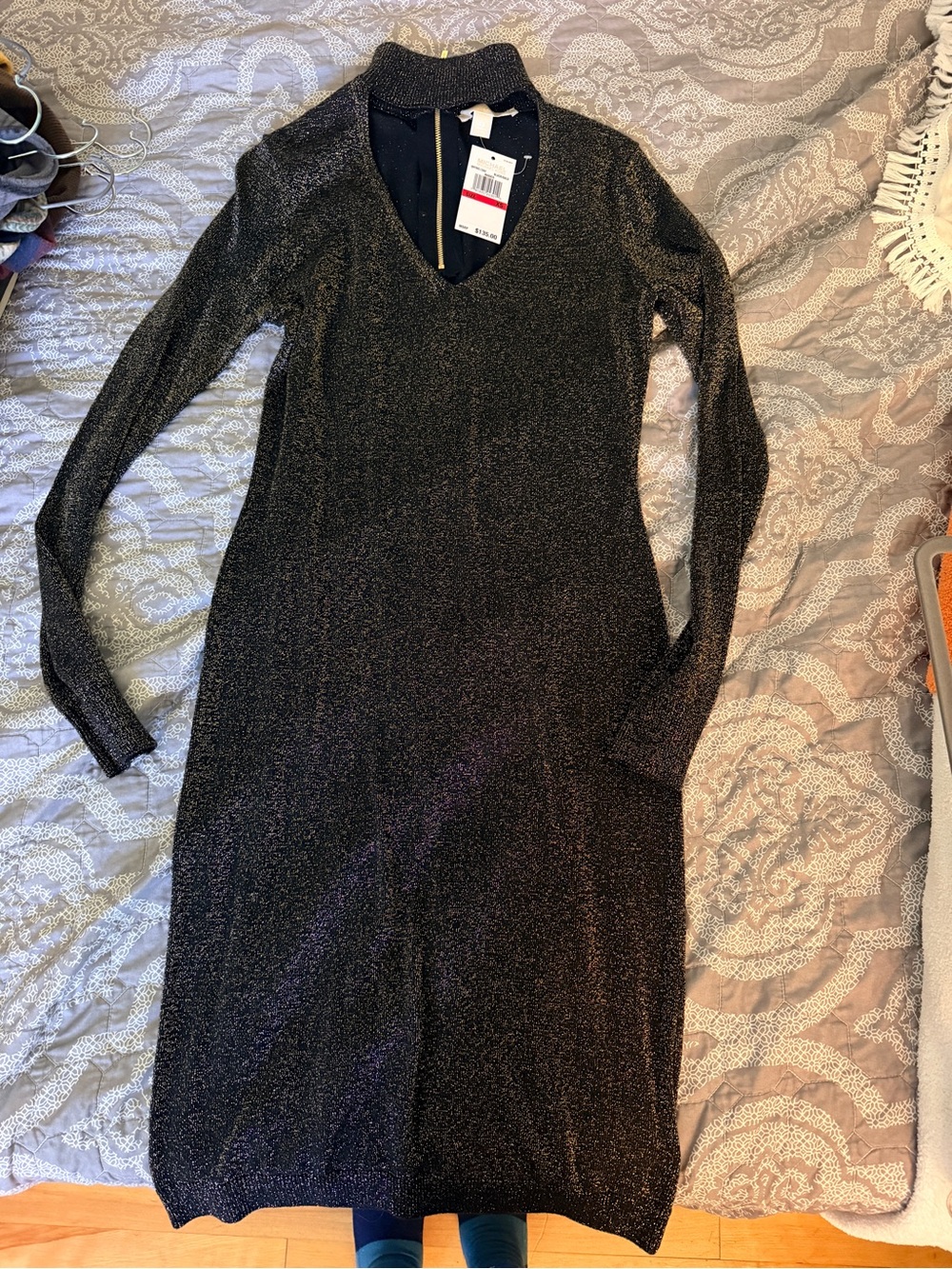 MICHAEL Michael Kors Black Metallic V-Neck Long Sleeve Dress